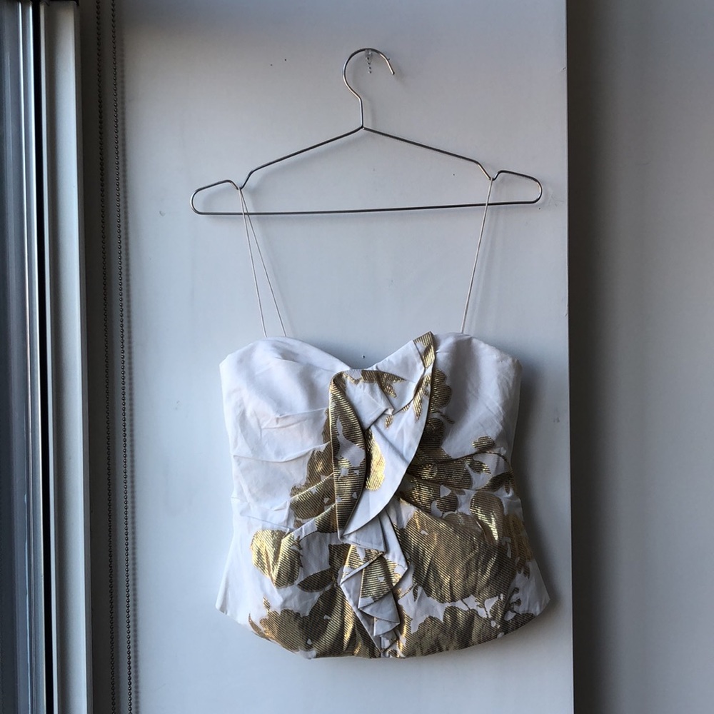 Elie Tahari Floral Gold Foil Ruffle Corset Top!